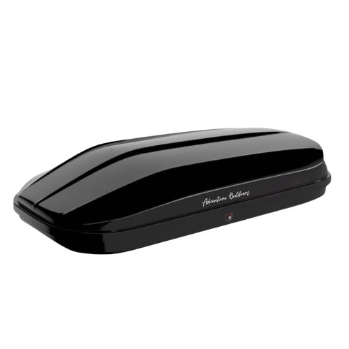 Woods AO roof cargo box closed view showing glossy black aerodynamic roof box design for vehicle roof rack storage