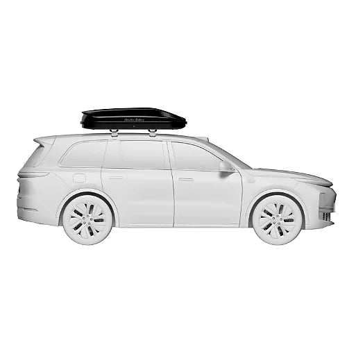 Woods black roof cargo box mounted on vehicle side view