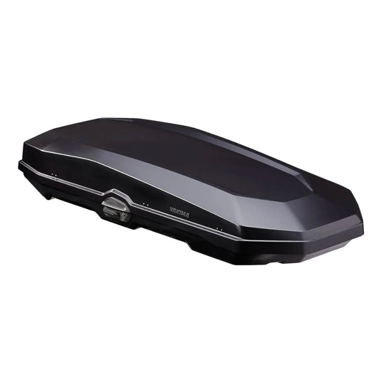 Yakima CBX premium roof cargo box closed, sleek angular design, black chrome finish