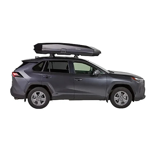 Yakima CBX XXL rooftop cargo box installed on SUV, side view of vehicle and box