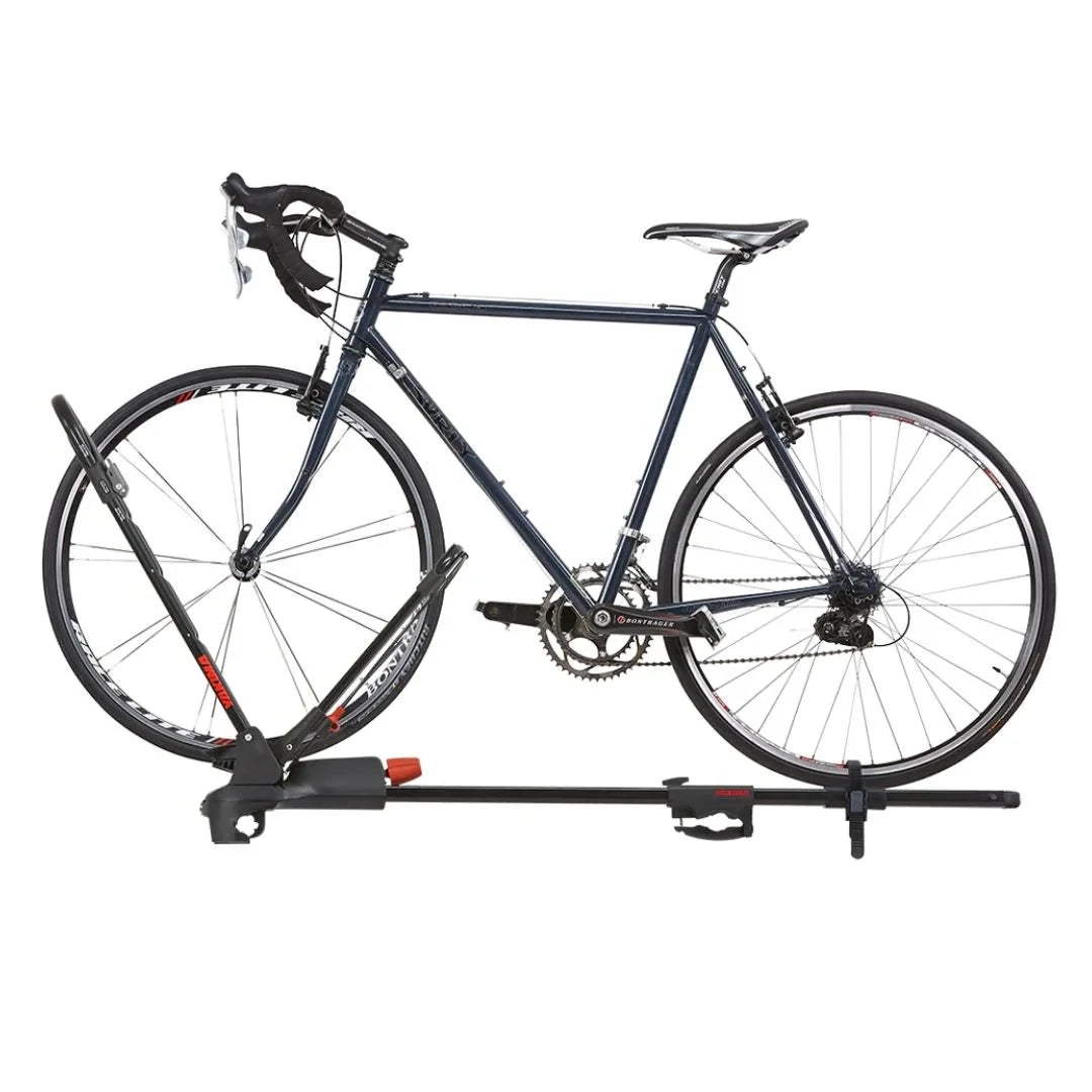 Road bike secured inside a Yakima FrontLoader roof bike rack shown from the side.