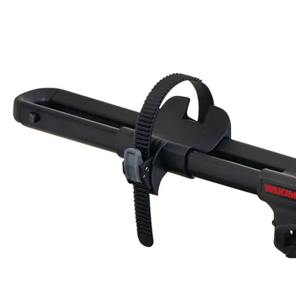 Close-up view of the rear wheel strap system on the Yakima FrontLoader bike rack.