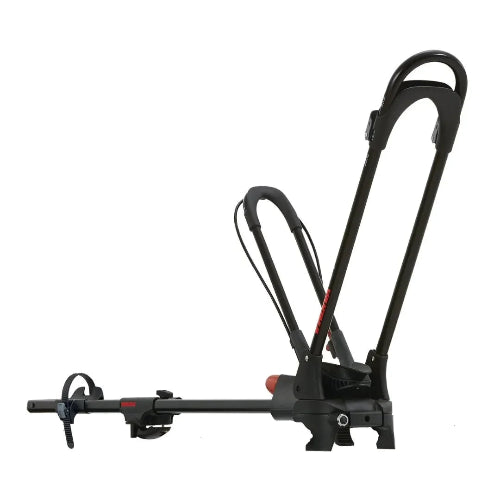 Side view of the Yakima FrontLoader roof bike rack in upright position with wheel hoops raised.