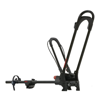 Side view of the Yakima FrontLoader roof bike rack in upright position with wheel hoops raised.