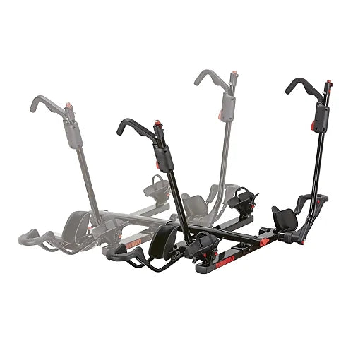 Yakima HoldUp +2 Hitch Bike Rack Add-On close-up view showing tray-style arms and wheel cradles