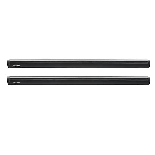 Pair of Yakima JetStream black crossbars in aerodynamic teardrop shape designed for quiet airflow and secure roof rack mounting
