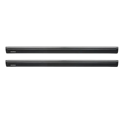 Pair of Yakima JetStream black crossbars in aerodynamic teardrop shape designed for quiet airflow and secure roof rack mounting