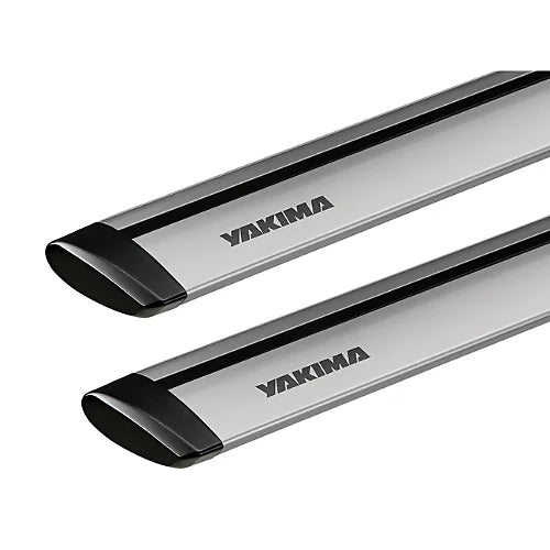Pair of Yakima JetStream silver aerodynamic crossbars with teardrop JetFlow profile and endcaps