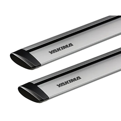 Pair of Yakima JetStream silver aerodynamic crossbars with teardrop JetFlow profile and endcaps