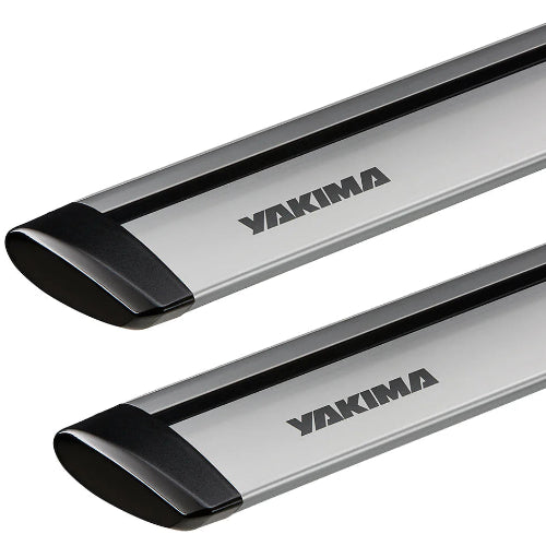 Yakima JetStream aerodynamic silver aluminum crossbars closeup with black end caps