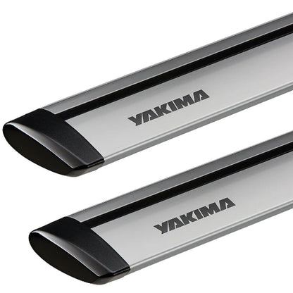 Yakima JetStream aerodynamic silver aluminum crossbars closeup with black end caps