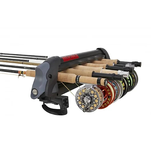 Close-up of Yakima ReelDeal rooftop fishing rod rack securing multiple rigged rods with reels attached