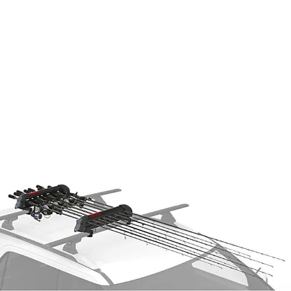 Yakima ReelDeal rooftop fishing rod rack mounted on SUV crossbars carrying multiple fishing rods