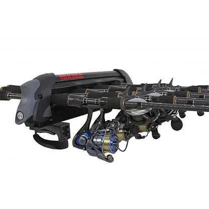 Close-up of Yakima ReelDeal fishing rod rack holding multiple rigged rods with reels secured
