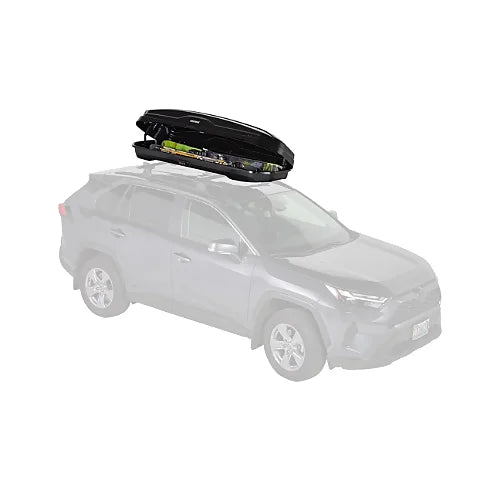 Yakima SkyBox NX Skinny roof cargo box open on SUV, packed with skis and gear