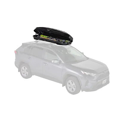 Yakima SkyBox NX Skinny roof cargo box open on SUV, packed with skis and gear