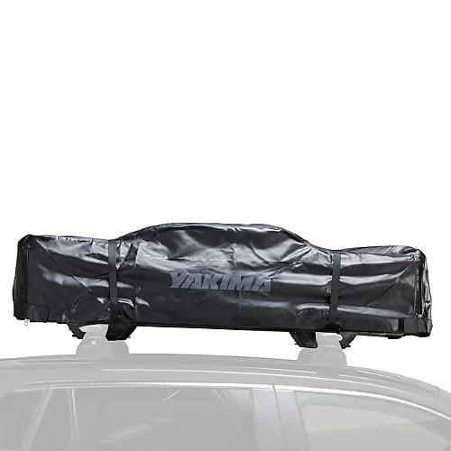 Folded Yakima SkyRise HD rooftop tent in black softshell cover on roof rack