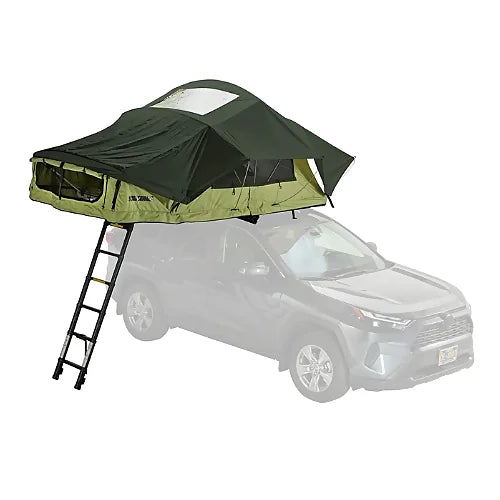 Yakima SkyRise HD softshell rooftop tent in dark green with skylight, mounted on SUV