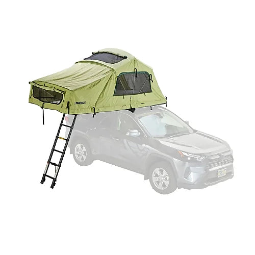 Yakima SkyRise HD rooftop tent in green softshell setup with ladder on SUV