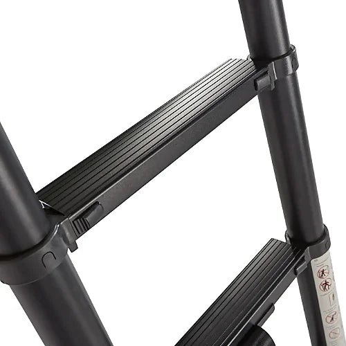 Close-up of Yakima SkyRise SL rooftop tent collapsible ladder with barefoot-friendly wide steps