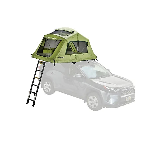 Yakima SkyRise SL lightweight rooftop tent in green, fully set up with ladder on SUV