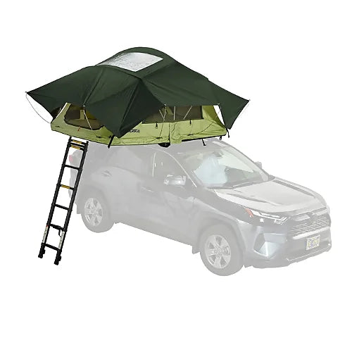 Overhead angle of Yakima SkyRise SL rooftop tent with dark green rainfly on SUV