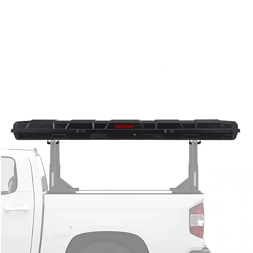 Yakima TopWater rod box mounted horizontally on bed rack of pickup truck