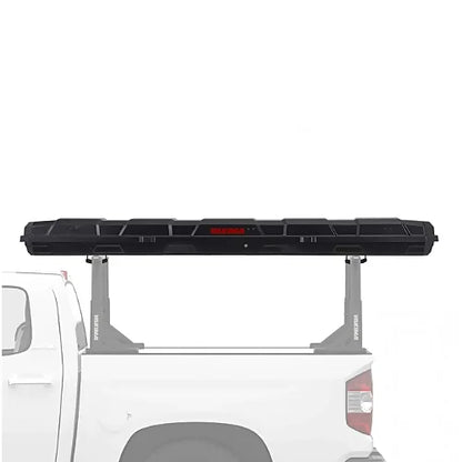 Yakima TopWater rod box mounted horizontally on bed rack of pickup truck