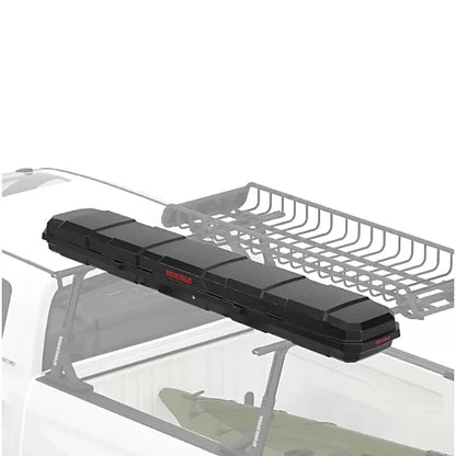 Yakima TopWater rod box mounted on truck roof with overhead cargo basket next to it