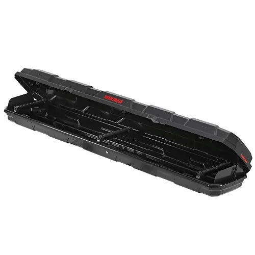 Yakima TopWater roof cargo box fully opened showing empty interior rod slots