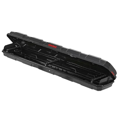 Yakima TopWater roof cargo box fully opened showing empty interior rod slots