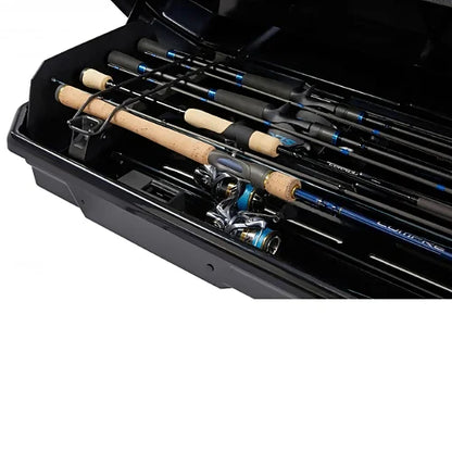 Close-up of Yakima TopWater interior with spinning reels and rods secured by foam pads