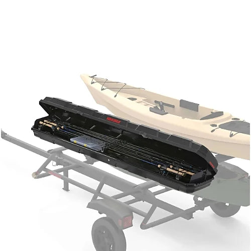 Yakima TopWater roof cargo box mounted on trailer with fishing rods and kayak