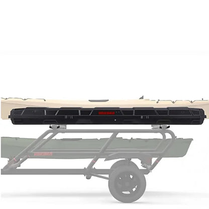 Side view of Yakima TopWater rod box mounted on trailer above kayak and fishing gear